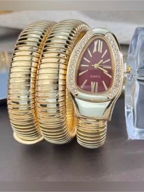 Gold-Tone Red Dial Crystal Accent Snake Wrap Bracelet Watch